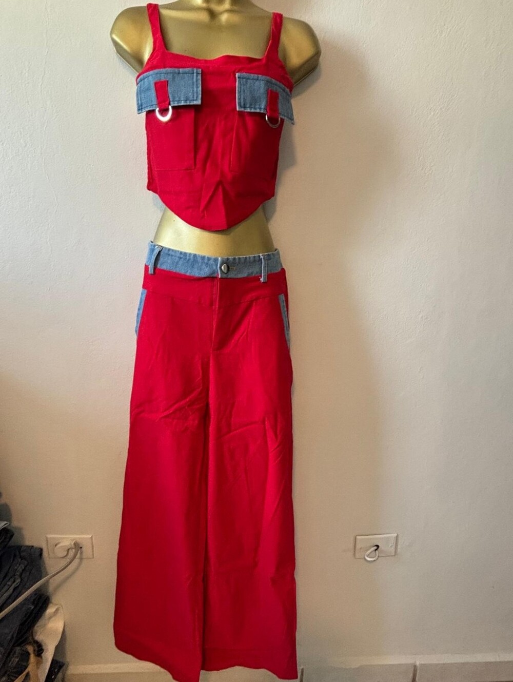 Red Two-Piece Denim-Trim Crop Top and Maxi Skirt Set